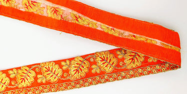 Orange Trim with Floral Embroidery Beige Embroidered Leaves Trim, Decorative Trim, Indian Border